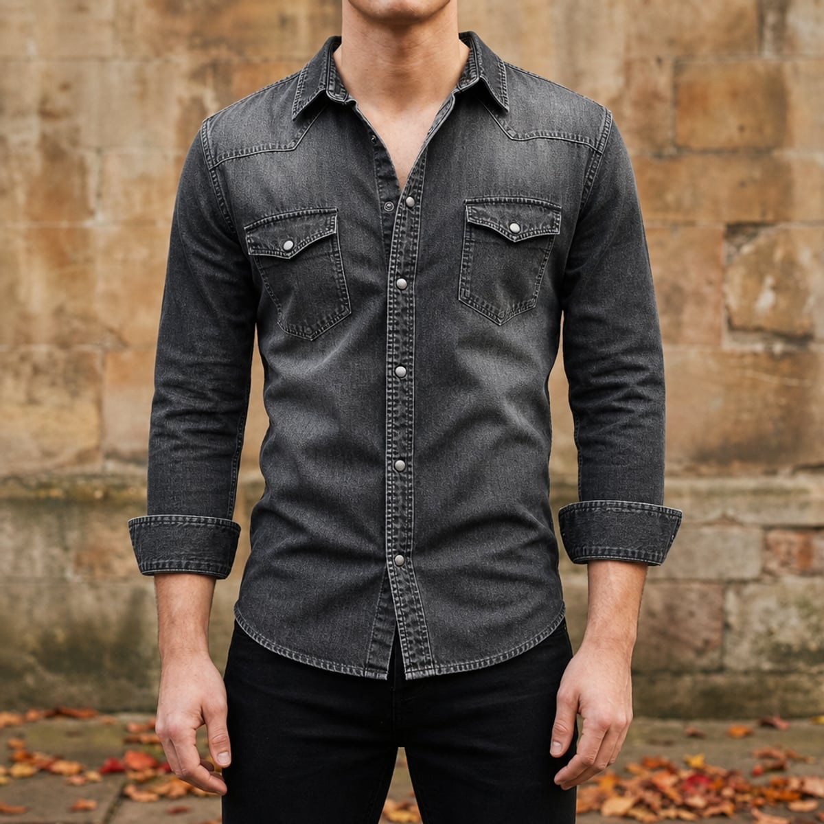 heren slim fit overhemd met lange mouwen in zwart