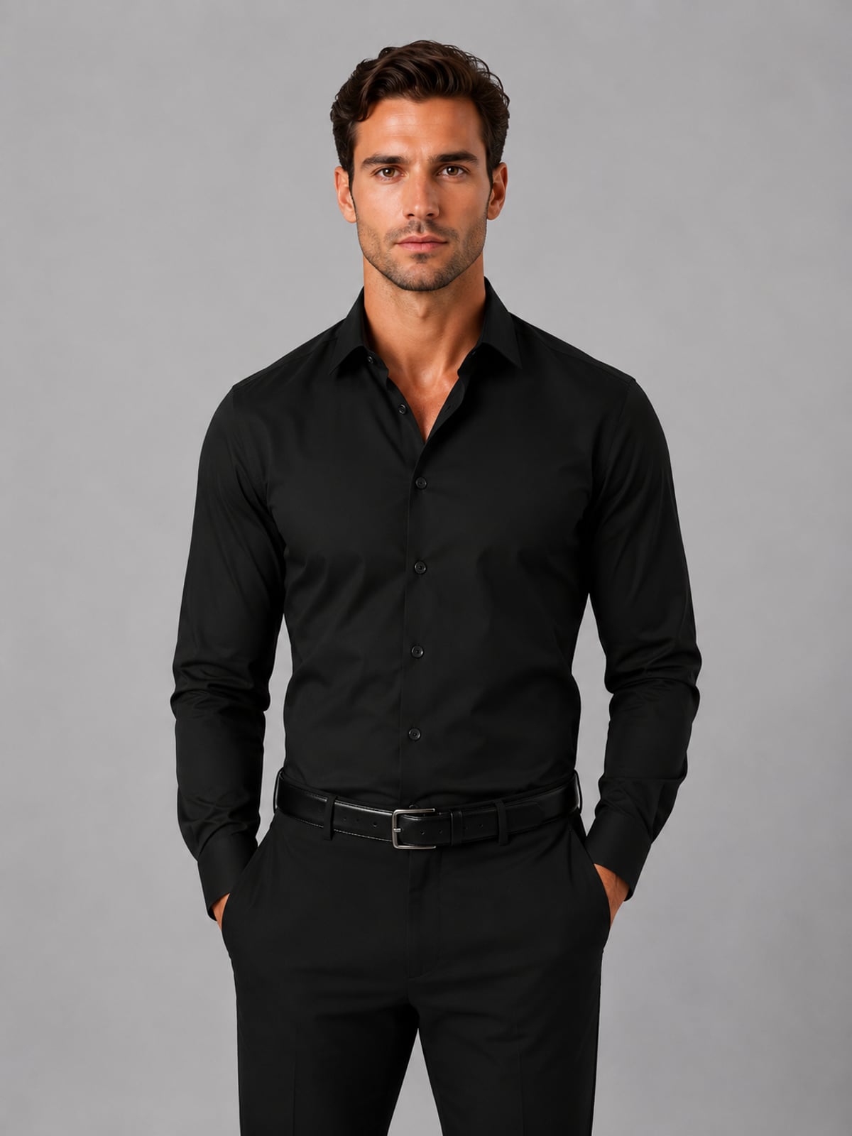 heren slim fit overhemd met spreidkraag en knoopsluiting in zwart