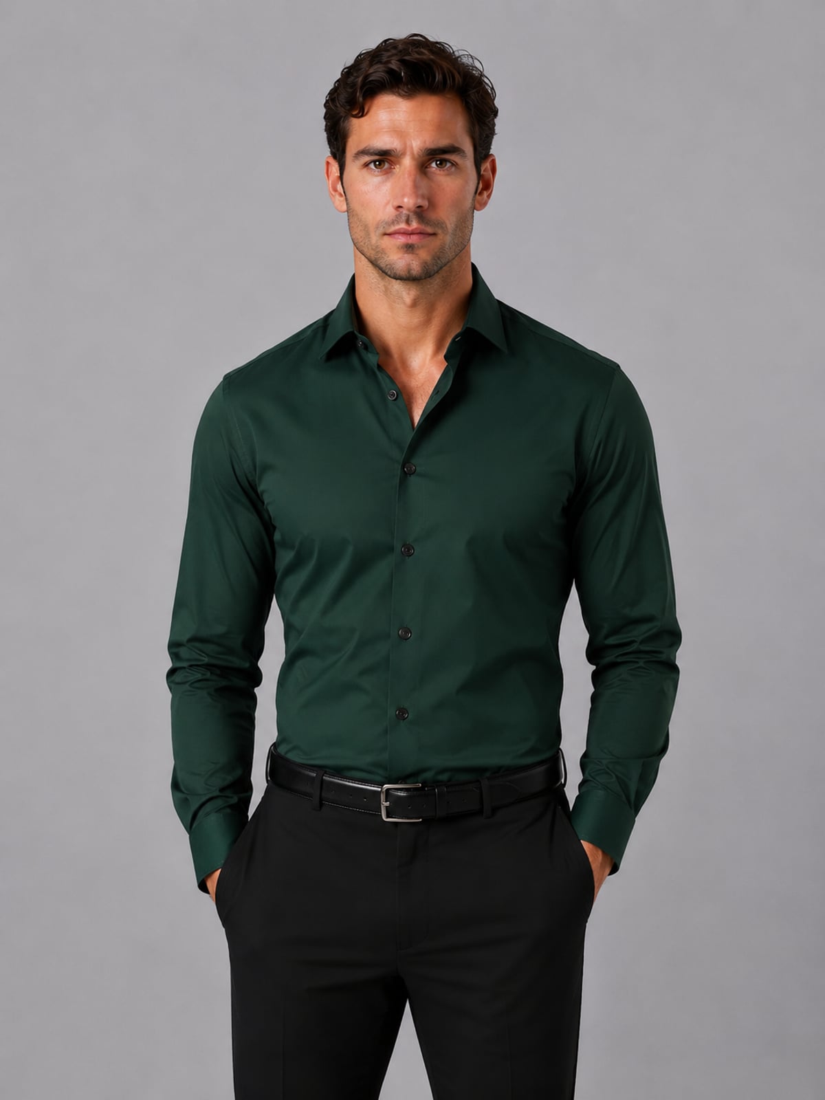 heren slim fit overhemd met spreidkraag en knoopsluiting in donkergroen