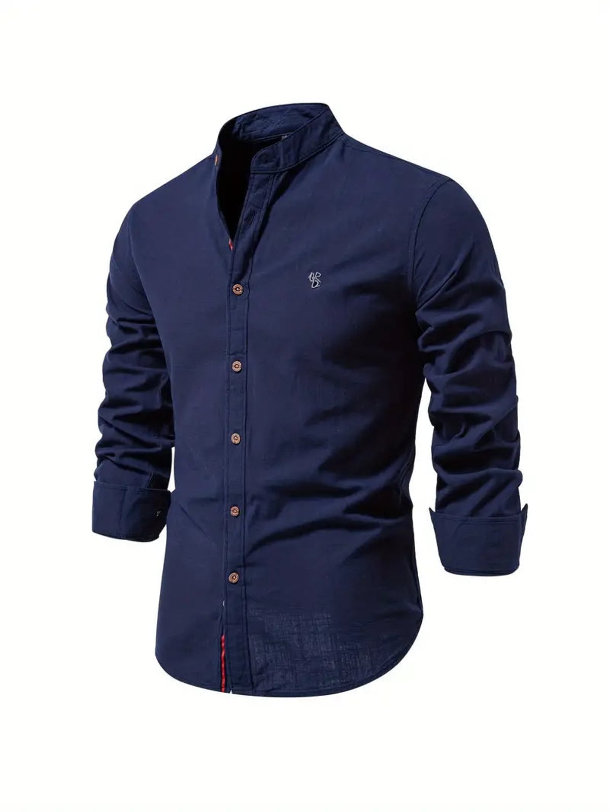 heren slim fit overhemd met staande kraag in donkerblauw
