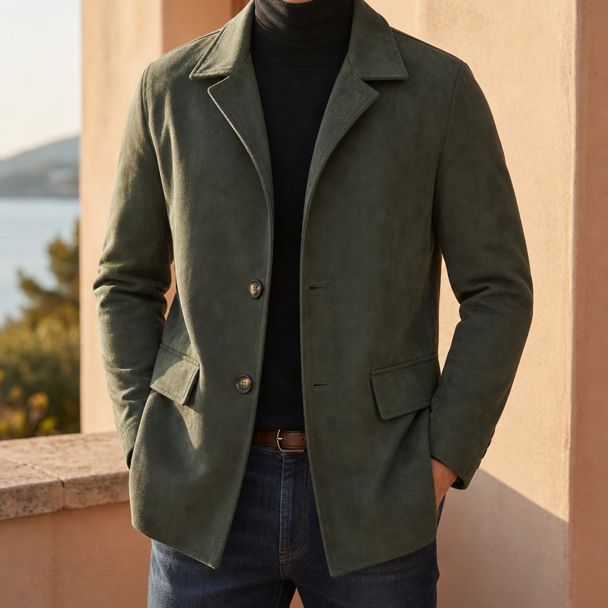 heren slim fit overjas met notch revers in saliegroen