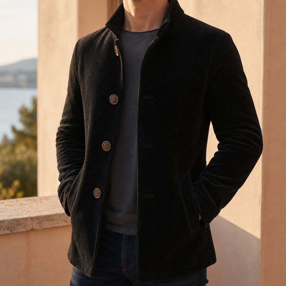 heren slim fit overjas met notch revers in zwart