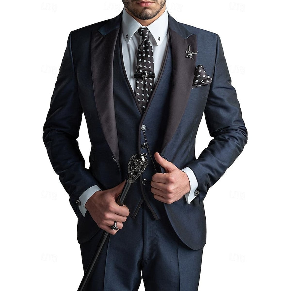heren slim fit pak met gilet in marineblauw