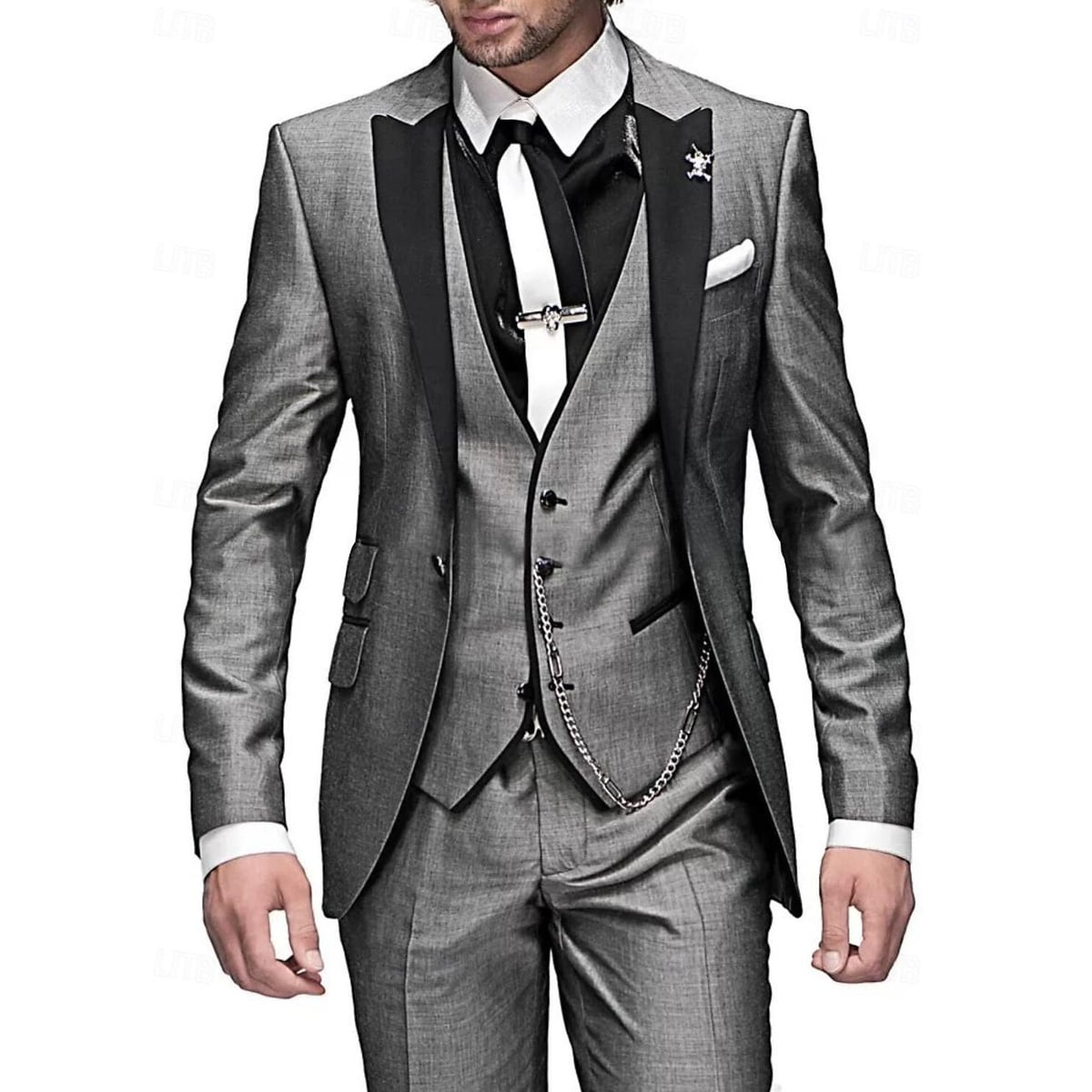 heren slim fit pak met gilet in grijs