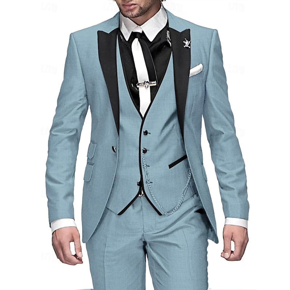 heren slim fit pak met gilet in lichtblauw
