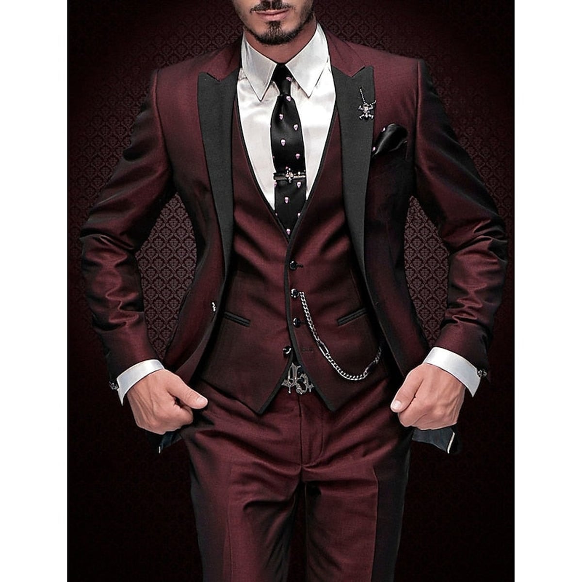 heren slim fit pak met gilet in wijnrood