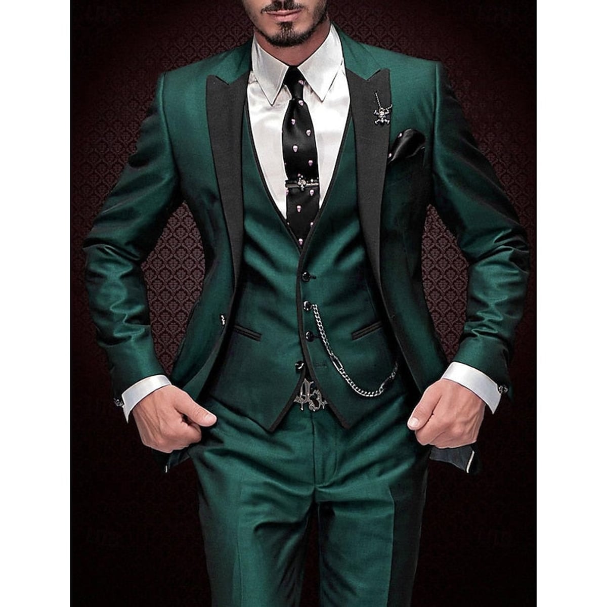 heren slim fit pak met gilet in donkergroen