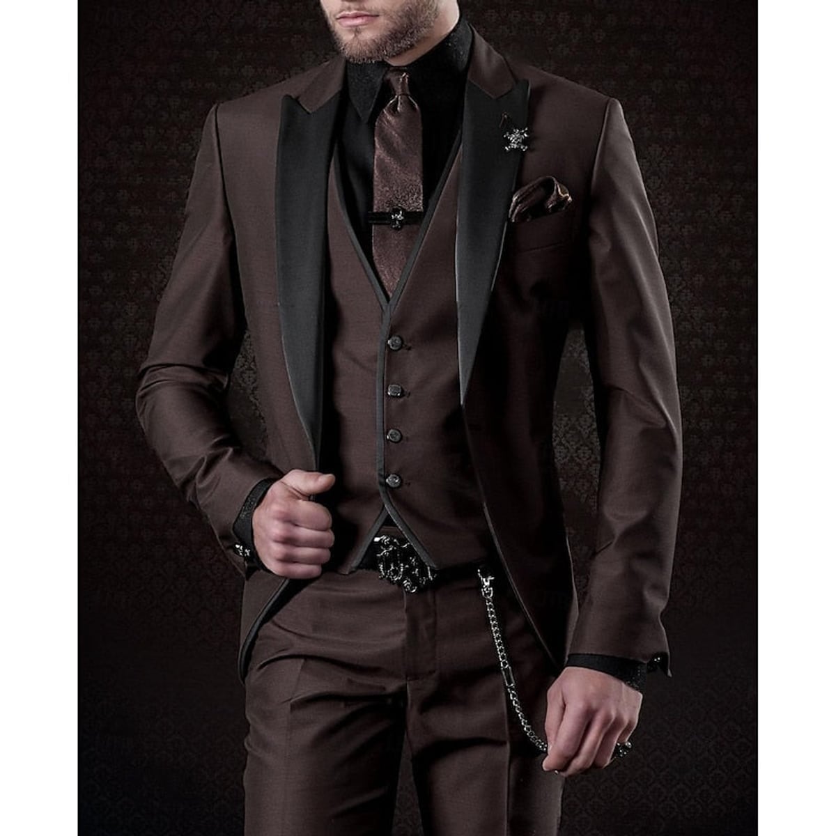 heren slim fit pak met gilet in donkerbruin