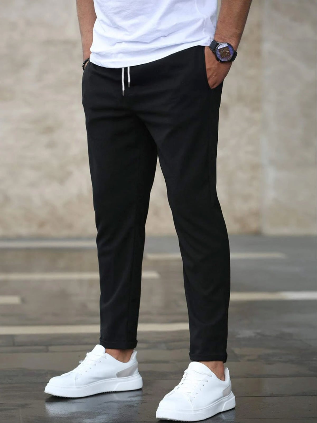 heren slim fit pantalon met taps toelopende pijp in zwart