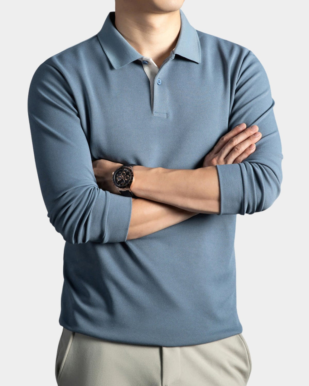 heren slim fit polo shirt met lange mouwen in lichtblauw