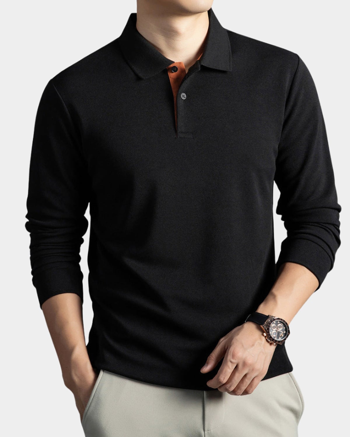 heren slim fit polo shirt met lange mouwen in zwart