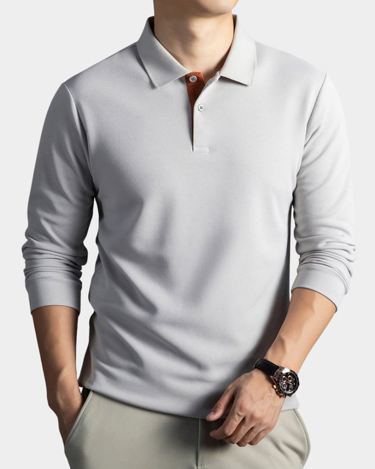 heren slim fit polo shirt met lange mouwen in lichtgrijs