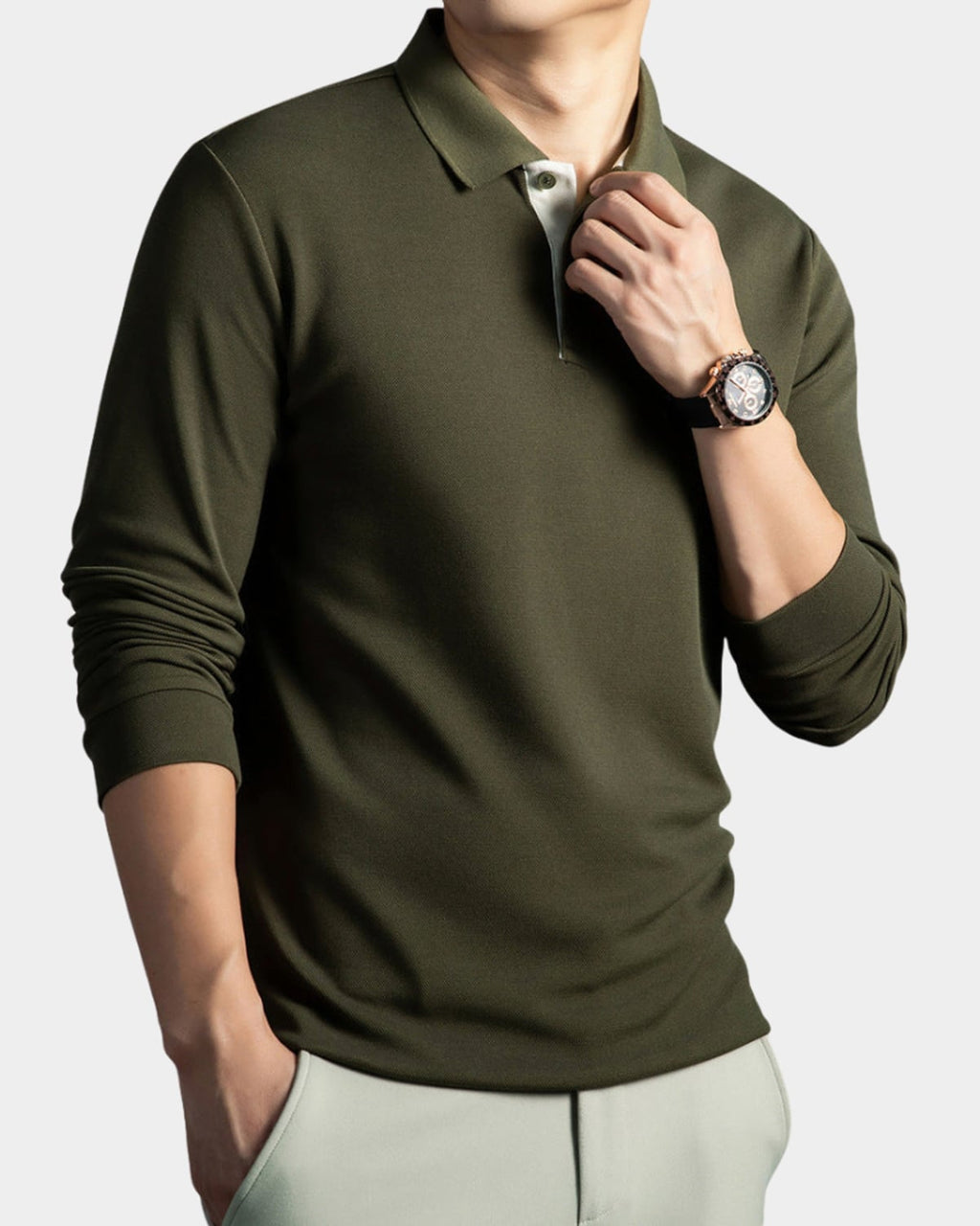 heren slim fit polo shirt met lange mouwen in donkergroen