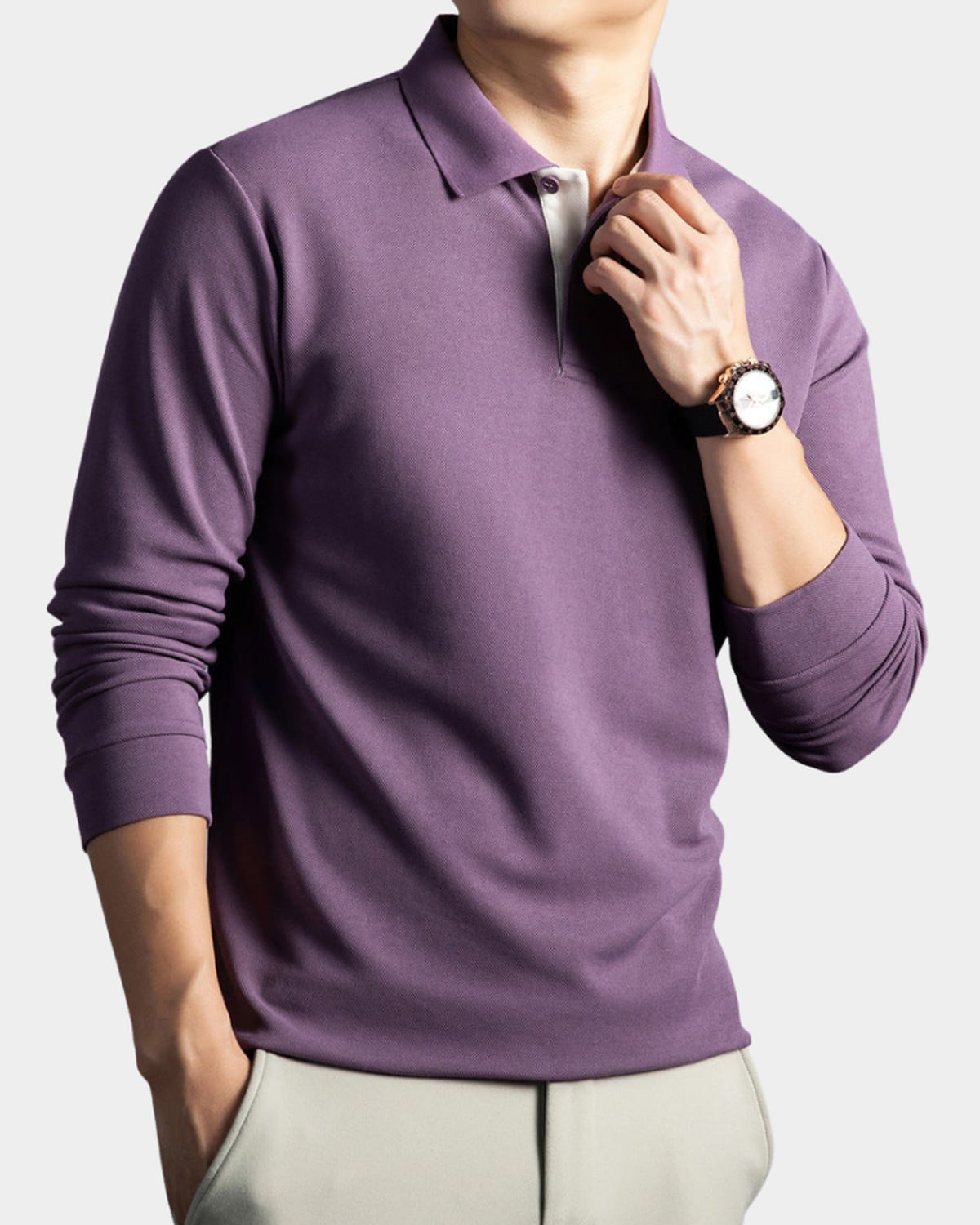 heren slim fit polo shirt met lange mouwen in paars
