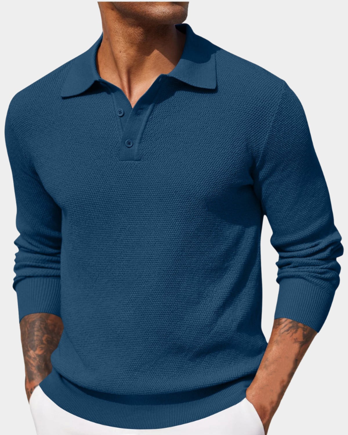 heren slim fit polo trui met lange mouwen in blauw