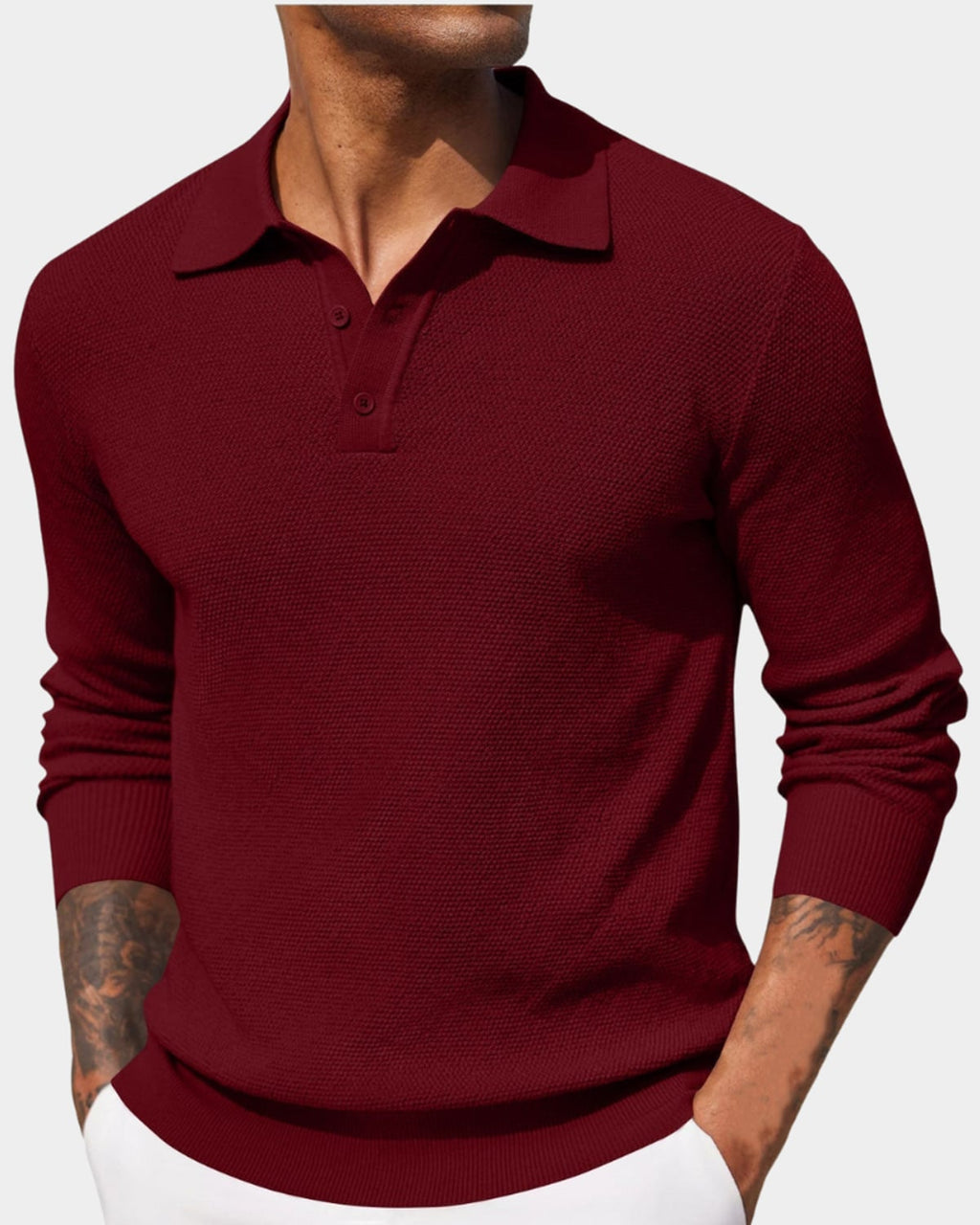 heren slim fit polo trui met lange mouwen in rood