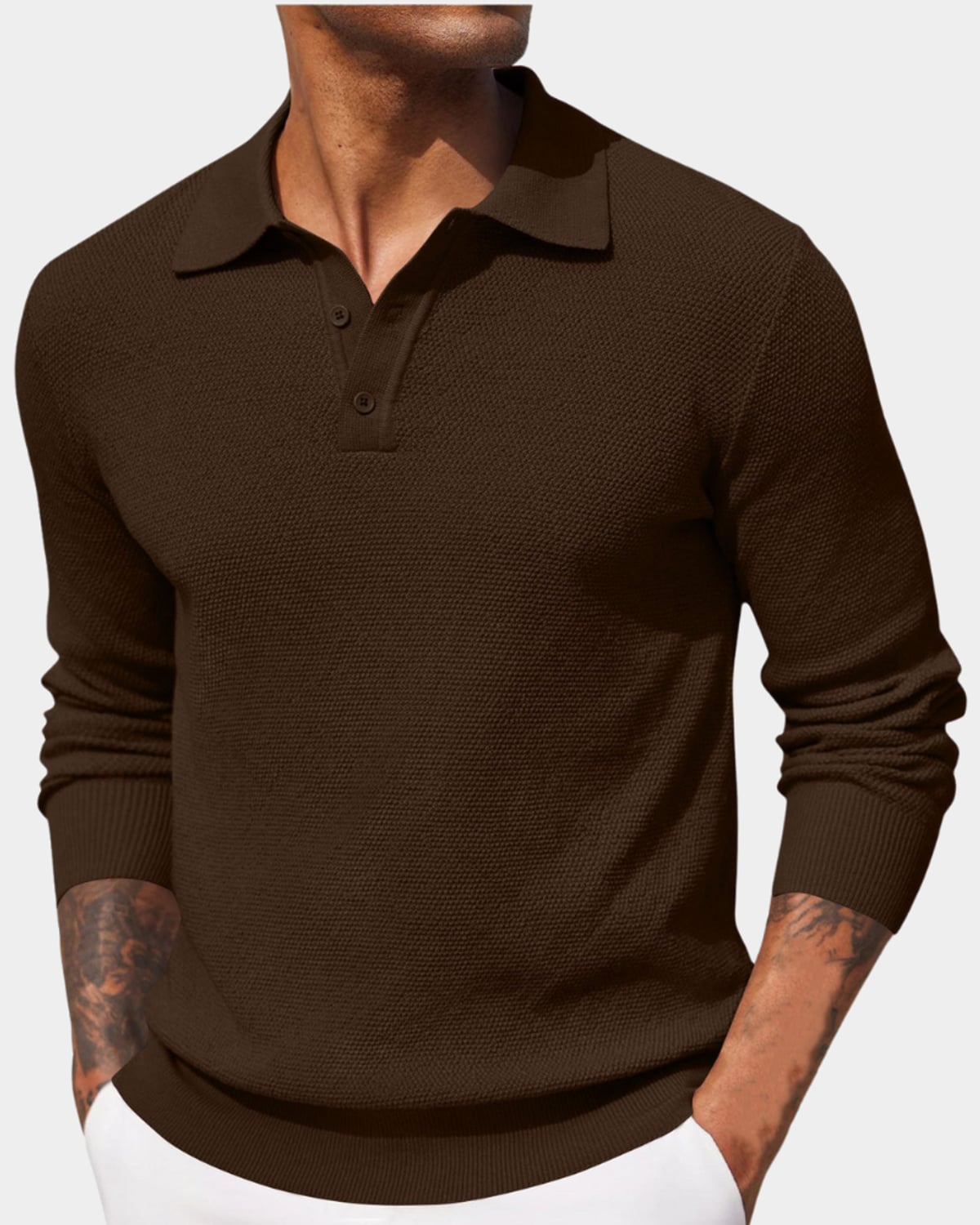 heren slim fit polo trui met lange mouwen in bruin