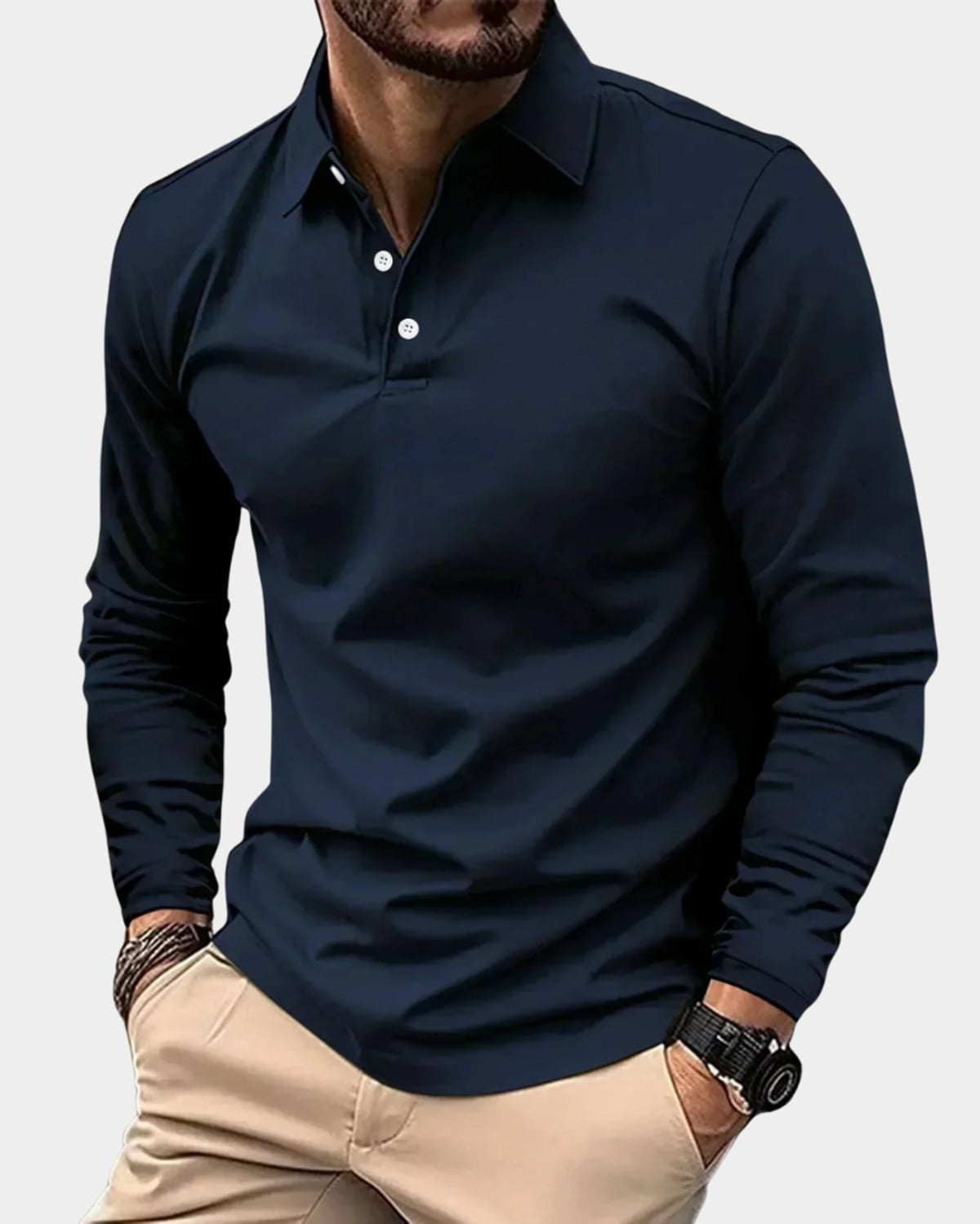 heren slim fit poloshirt met lange mouwen in blauw