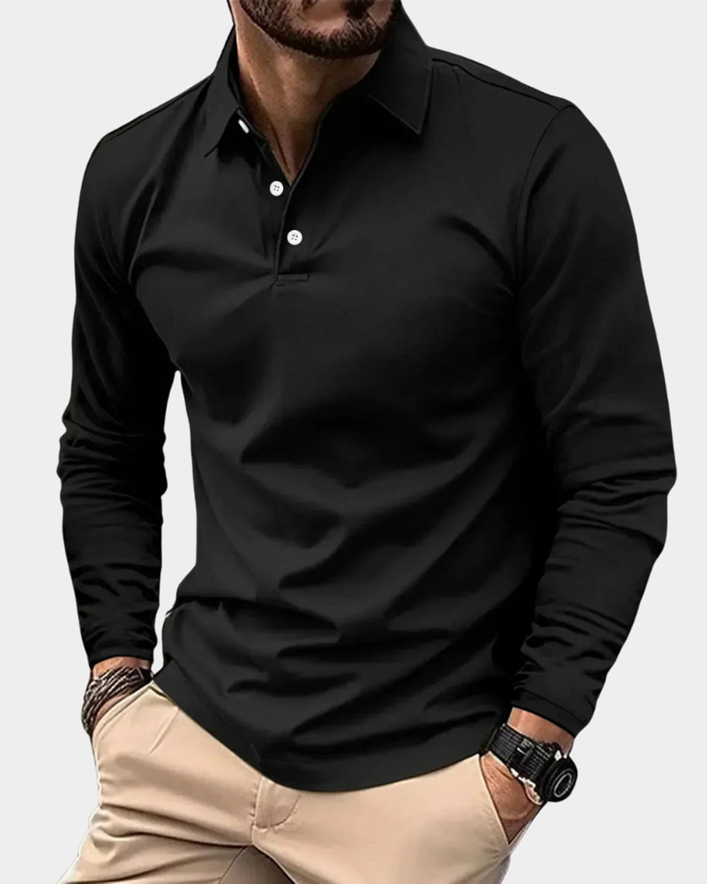 heren slim fit poloshirt met lange mouwen in zwart