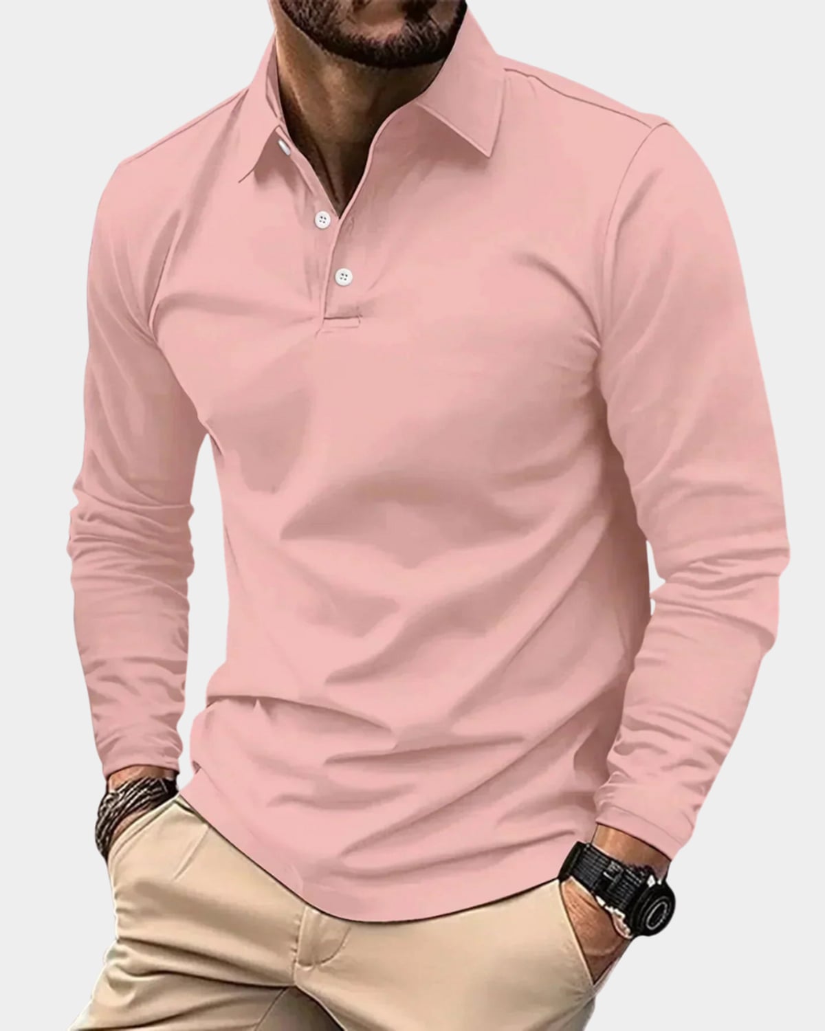 heren slim fit poloshirt met lange mouwen in roze