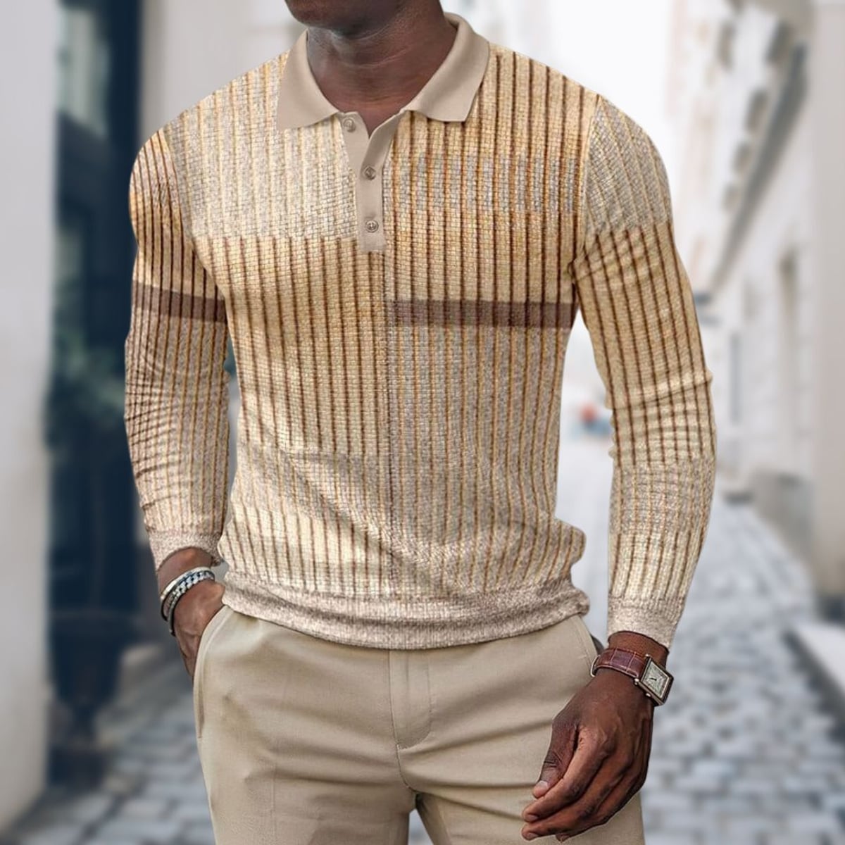 heren slim fit poloshirt met retro strepen en lange mouwen in geel