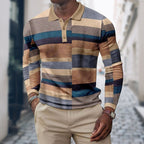 heren slim fit poloshirt met retro strepen en lange mouwen in bruin