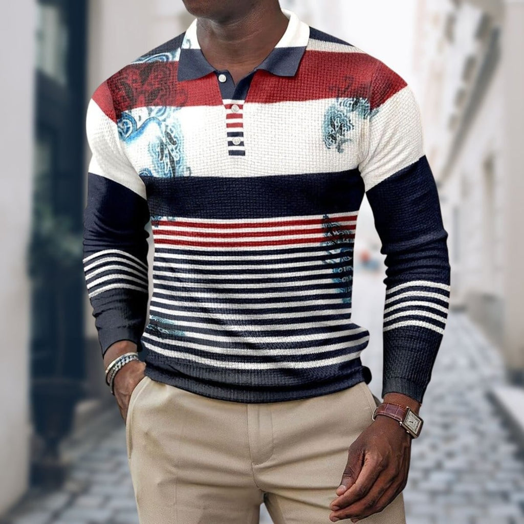 heren slim fit poloshirt met retro strepen en lange mouwen in wit