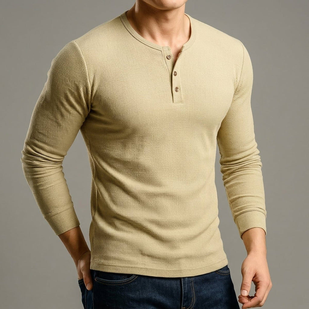 heren slim fit trui met henley hals in beige