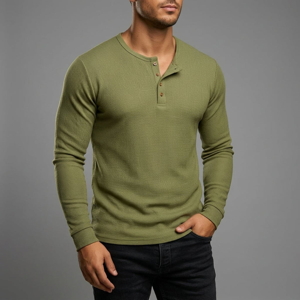 heren slim fit trui met henley hals in groen