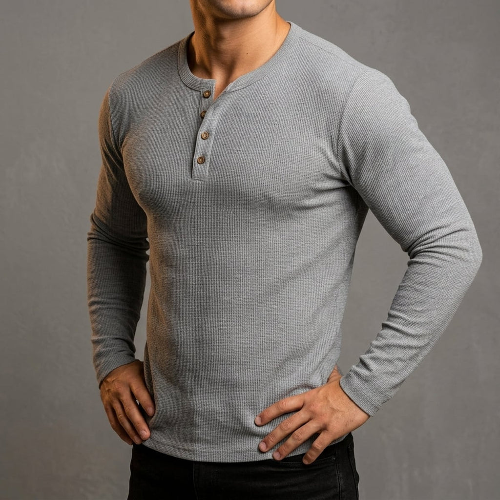 heren slim fit trui met henley hals in grijs