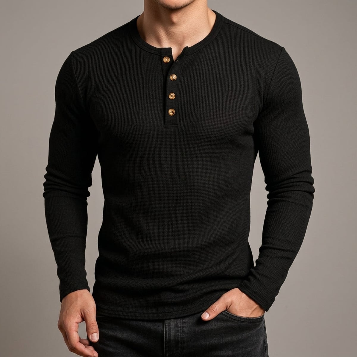heren slim fit trui met henley hals in zwart