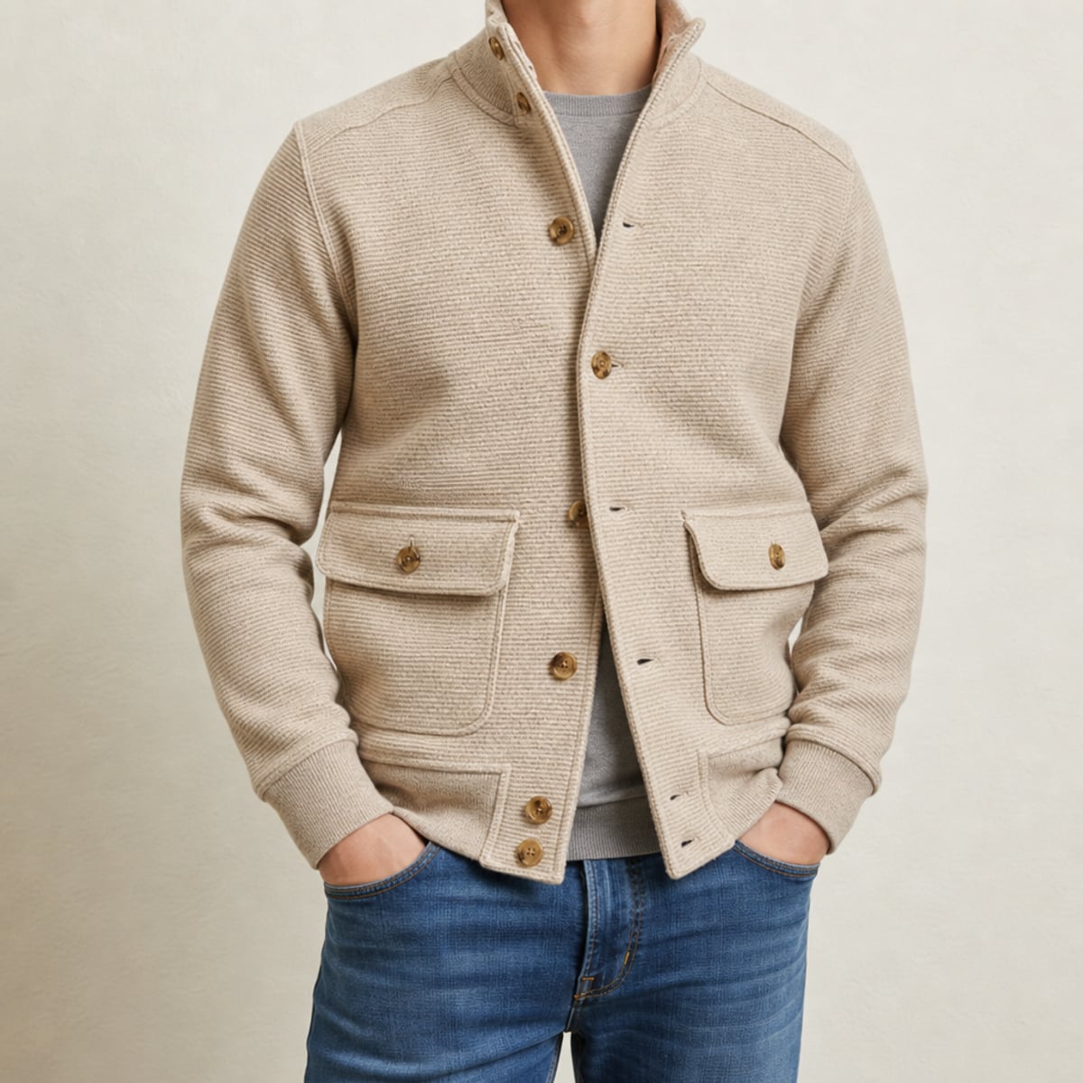 heren staande kraag gebreid jasje in beige
