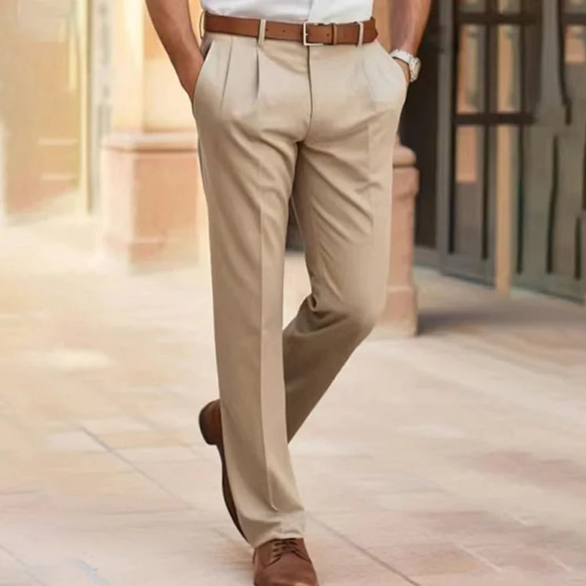 heren straight fit pantalon met bandplooien in beige