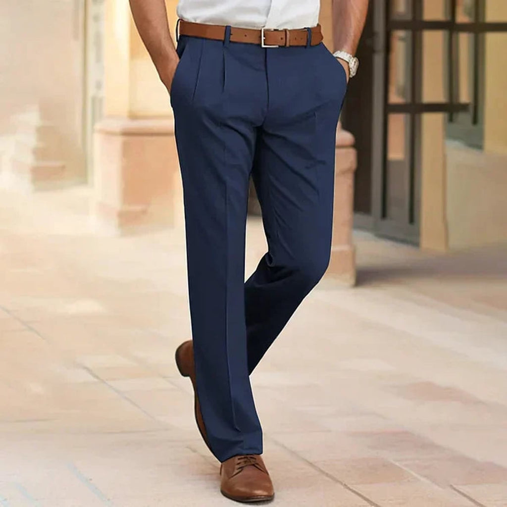 heren straight fit pantalon met bandplooien in donkerblauw