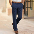 heren straight fit pantalon met bandplooien in donkerblauw