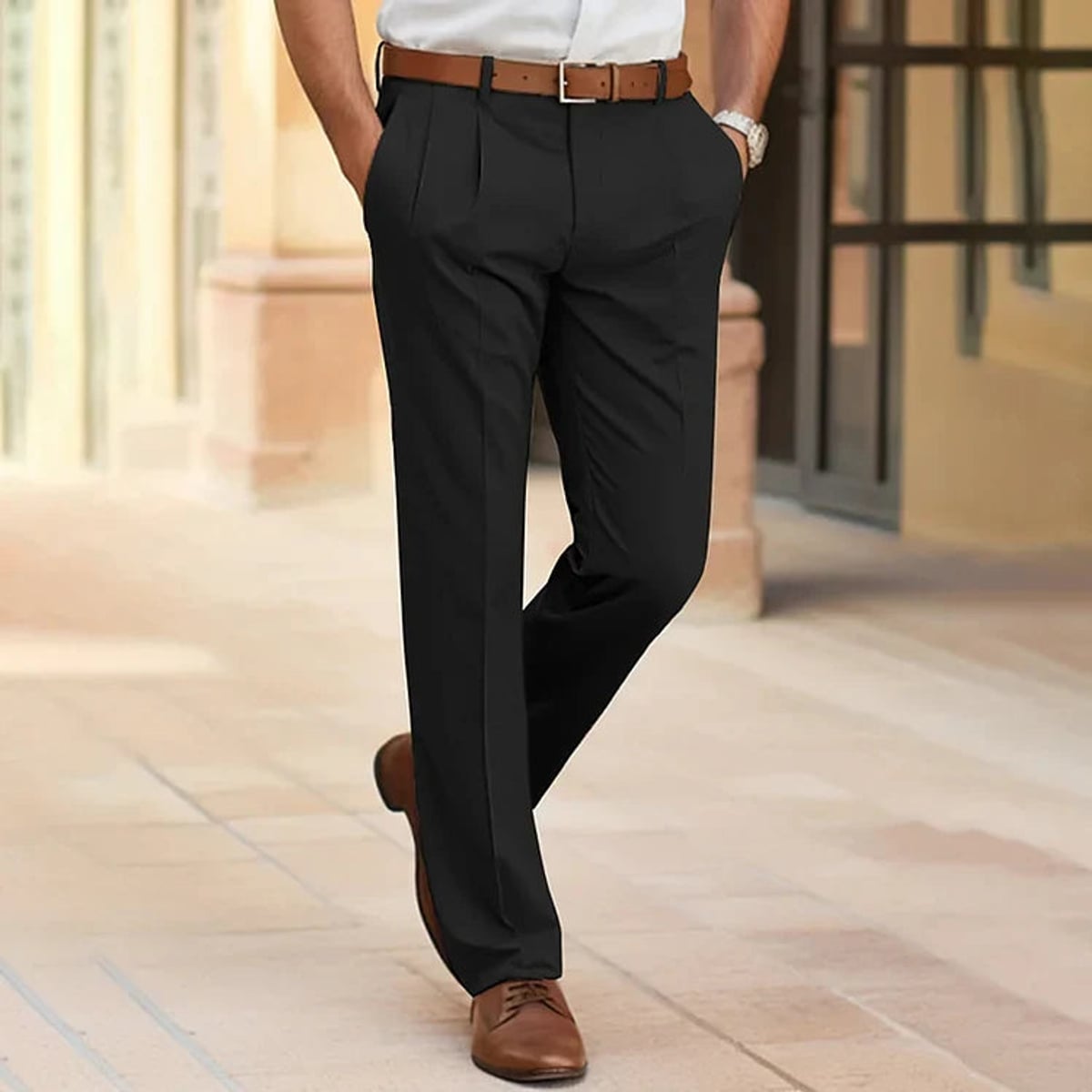 heren straight fit pantalon met bandplooien in zwart