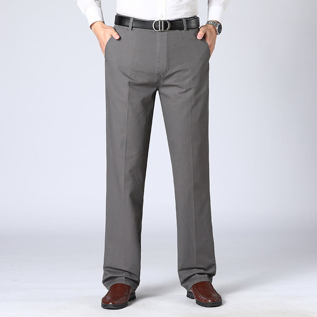 heren straight fit pantalon met bandplooien in grijs