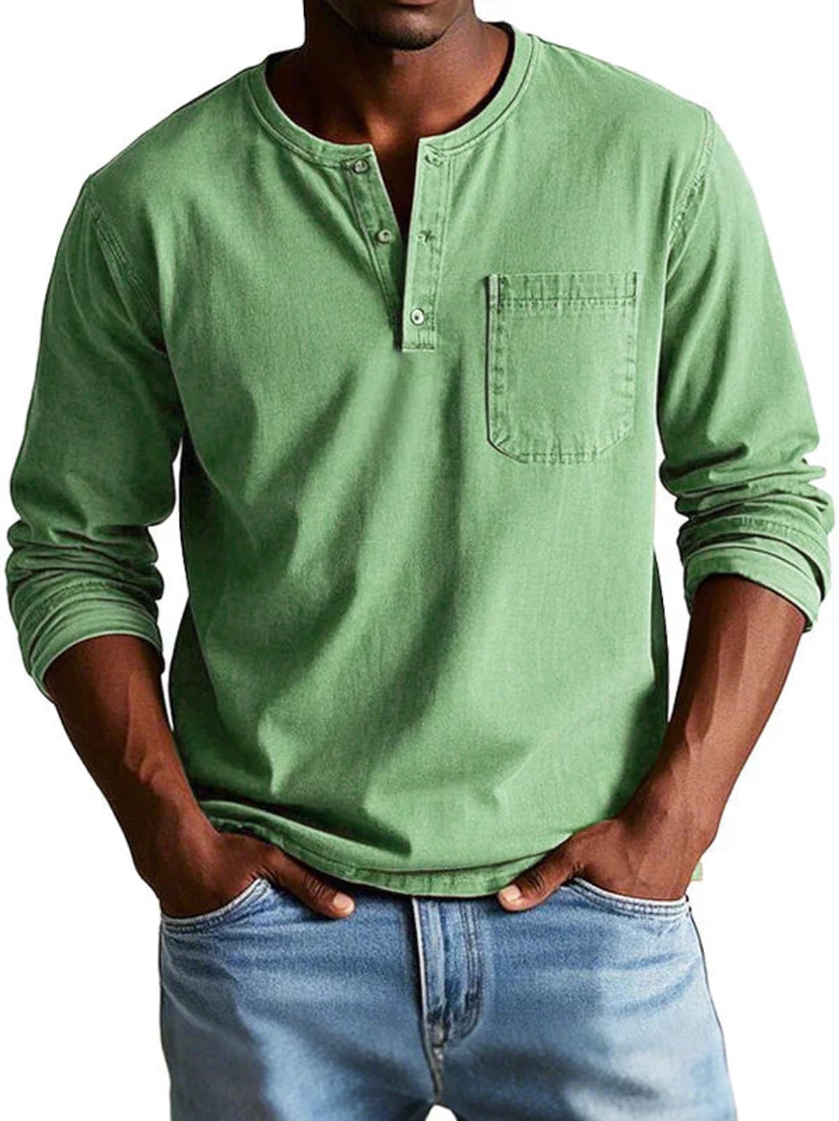 heren t-shirt met lange mouw en henley hals in groen