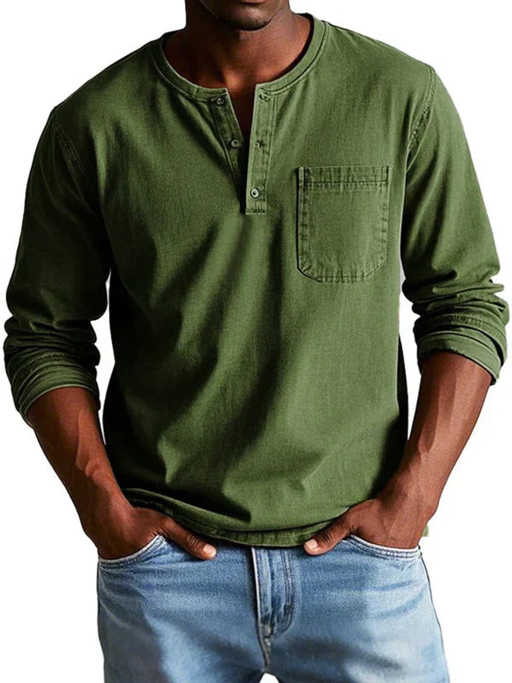 heren t-shirt met lange mouw en henley hals in legergroen
