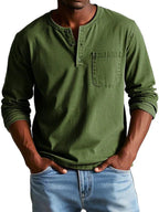 heren t-shirt met lange mouw en henley hals in legergroen