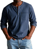 heren t-shirt met lange mouw en henley hals in marineblauw