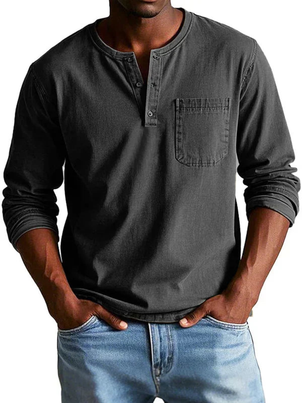 heren t-shirt met lange mouw en henley hals in zwart