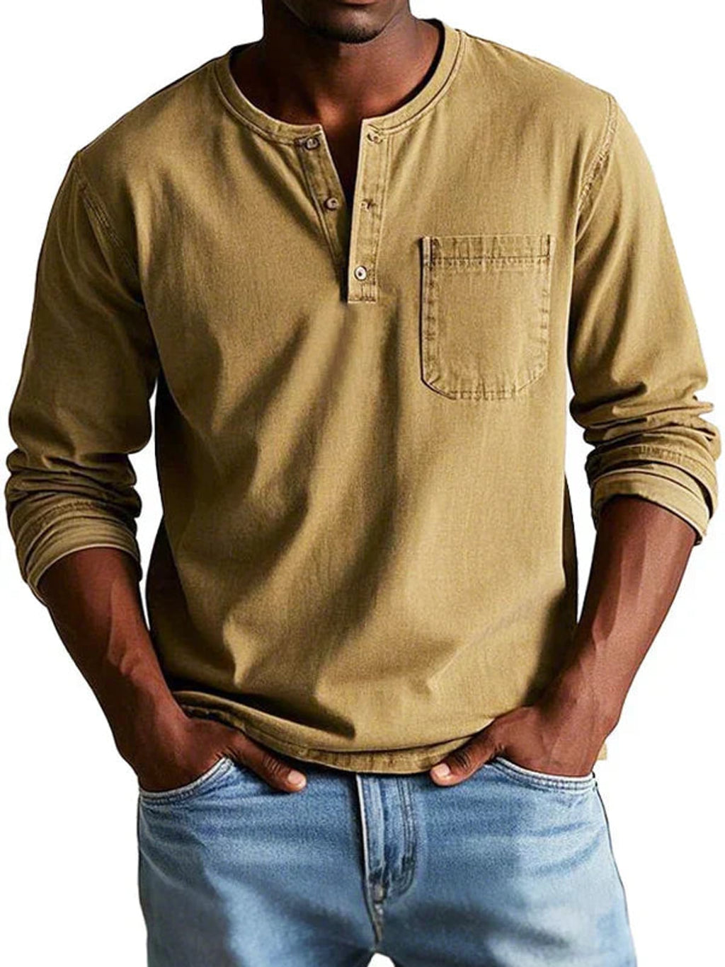 heren t-shirt met lange mouw en henley hals in khaki