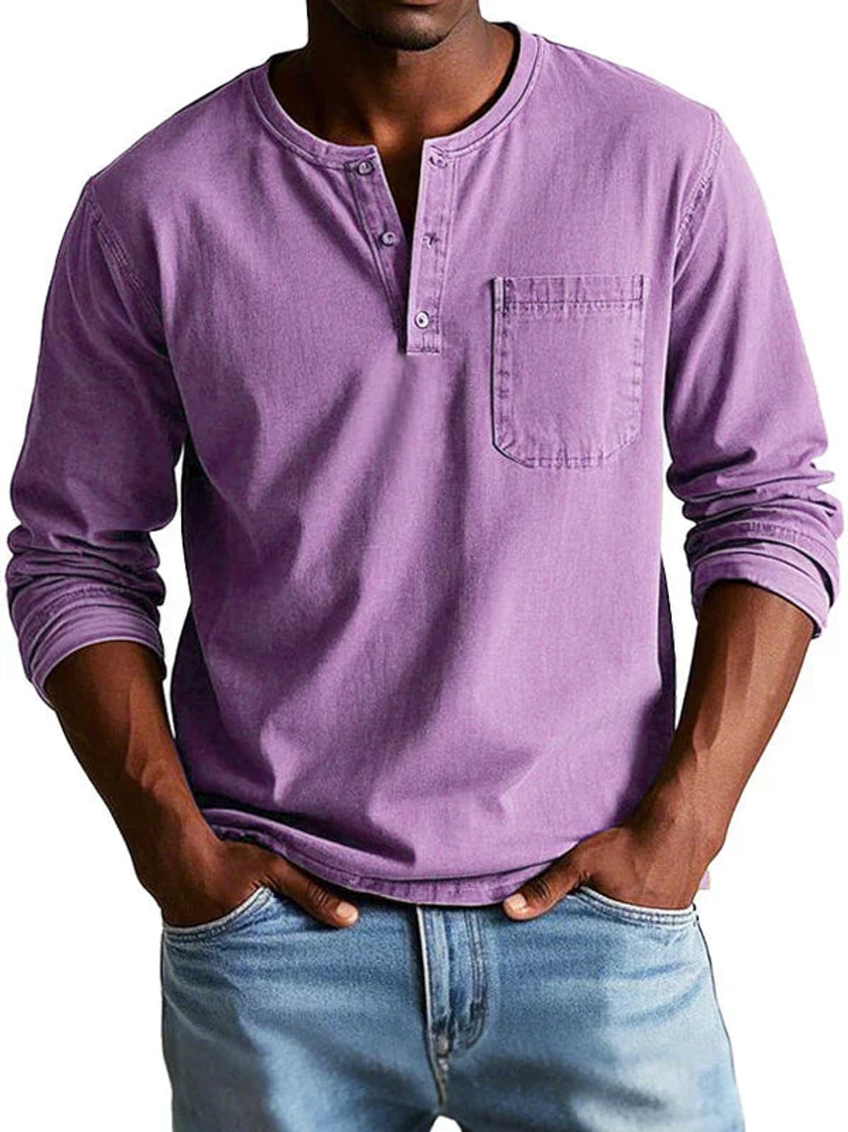 heren t-shirt met lange mouw en henley hals in paars