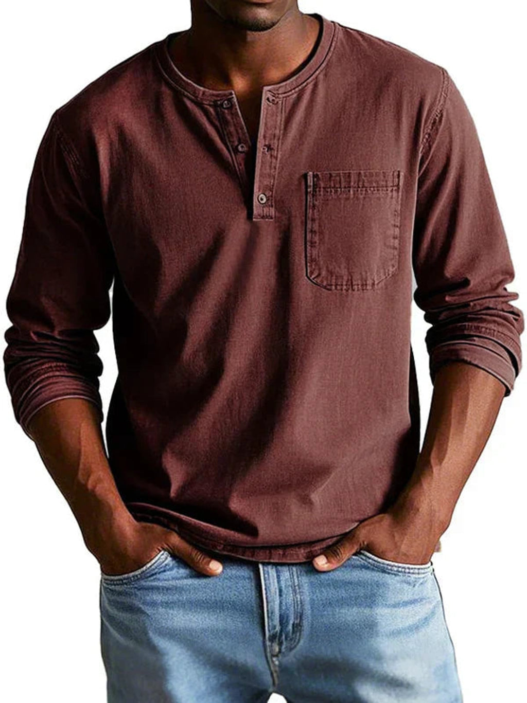 heren t-shirt met lange mouw en henley hals in rood