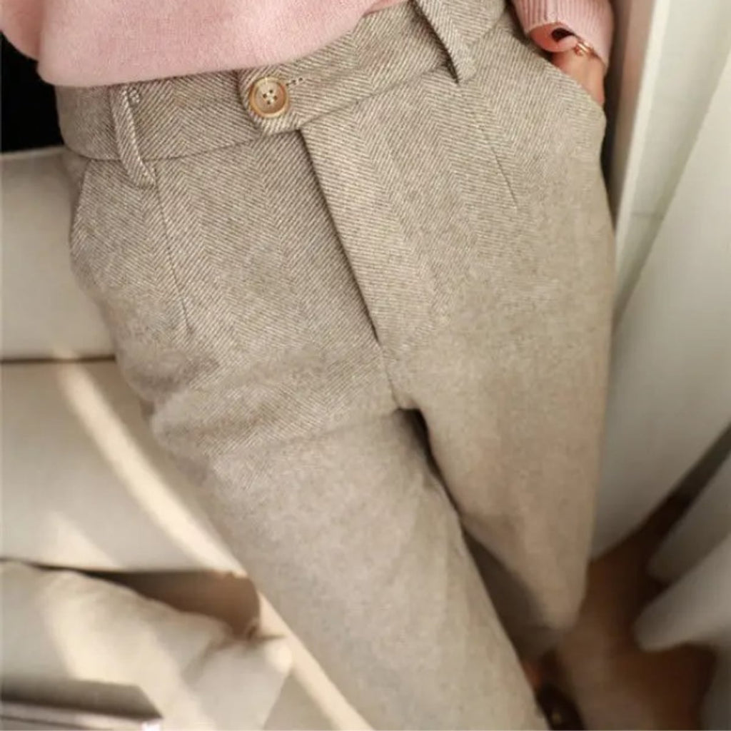 heren tailored fit broek met visgraatpatroon in beige