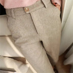 heren tailored fit broek met visgraatpatroon in beige
