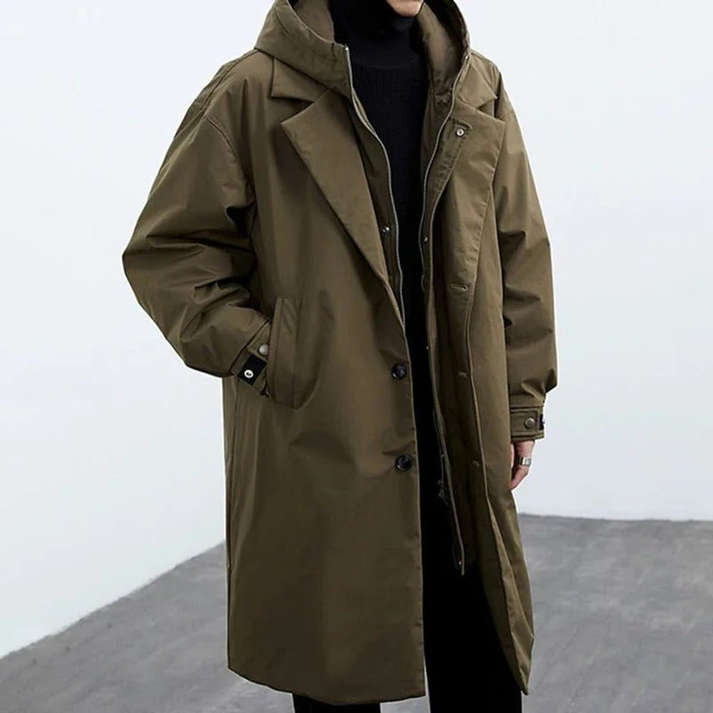 heren trenchcoat met capuchon lang model in olijfgroen