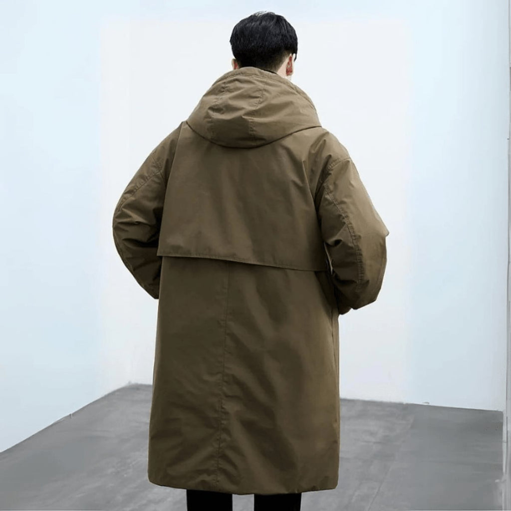 heren trenchcoat met capuchon lang model in olijfgroen