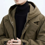 heren trenchcoat met capuchon lang model in olijfgroen